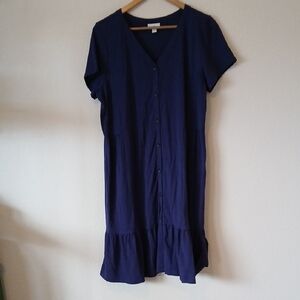 J. Jill Navy Blue Tiered Button Down Dress Short Sleeves V-neck